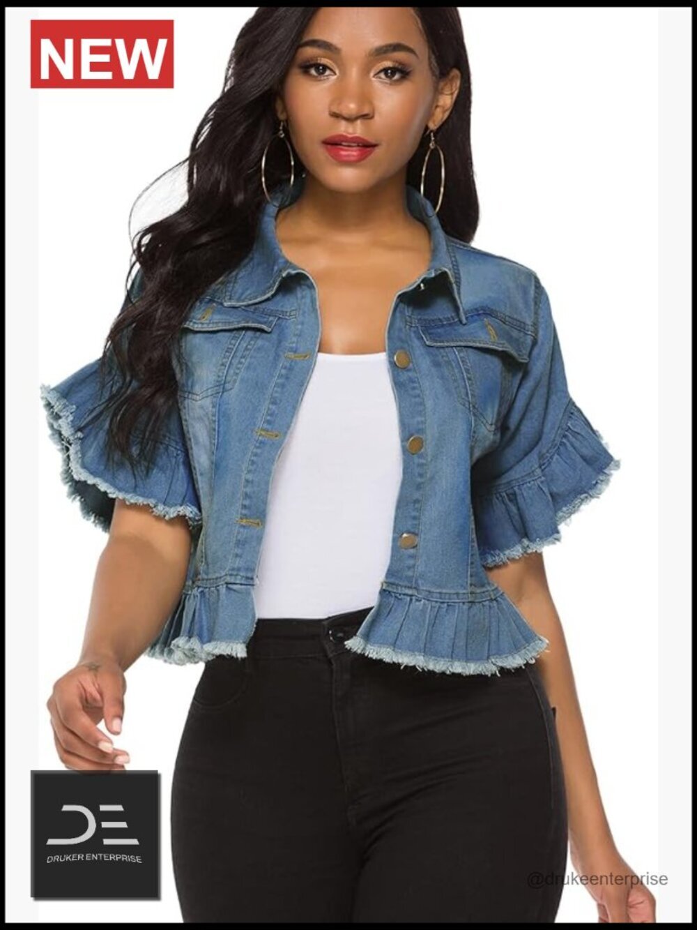 Denim Jacket Button Down Distressed Ruffle Sleeve Crop Coat